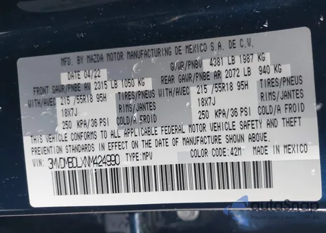 2022 Mazda Cx-30 Premium из США, поврежденный, VIN 3MVDMBDLXNM424990